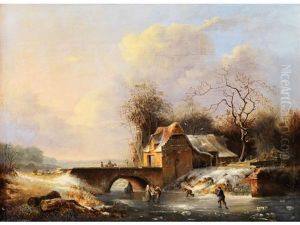 Schlittschuhlaufer Auf Vereistem Flusslauf Vor Steinerner Bogenbrucke Mit Bruckenhaus Und Strohgedecktem Stall Schlittschuhlaufer Auf Vereistem Flusslauf Vor Steinerner Bogenbrucke Mit Bruckenhaus Und Strohgedecktem Stall