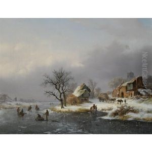 A Winter Landscape With Skaters, A Horse-drawn Cart On A Path Nearby