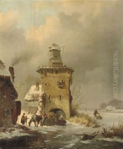 A Winter Landscape With People On A Frozen Waterway Near A Ruinous Mill A Winter Landscape With People On A Frozen Waterway Near A Ruinous Mill