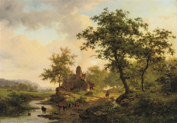 Cattle Drinking From A Stream In A Summer Landscape - view 1