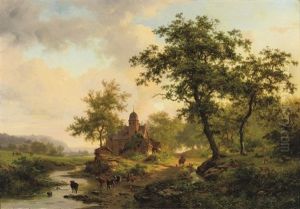 Cattle Drinking From A Stream In A Summer Landscape