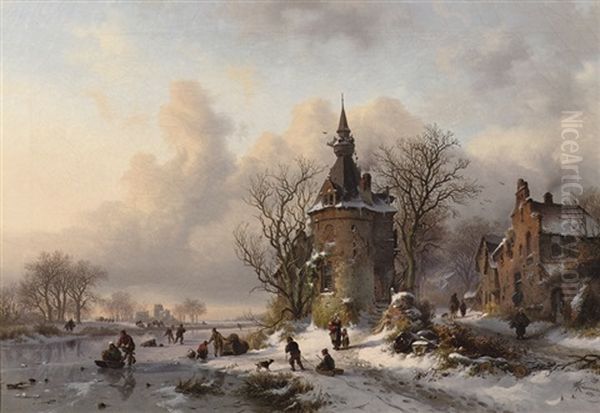 A Winter Landscape With Skaters Near A Castle - view 1