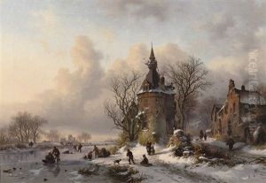 A Winter Landscape With Skaters Near A Castle by Frederik Marinus Kruseman
