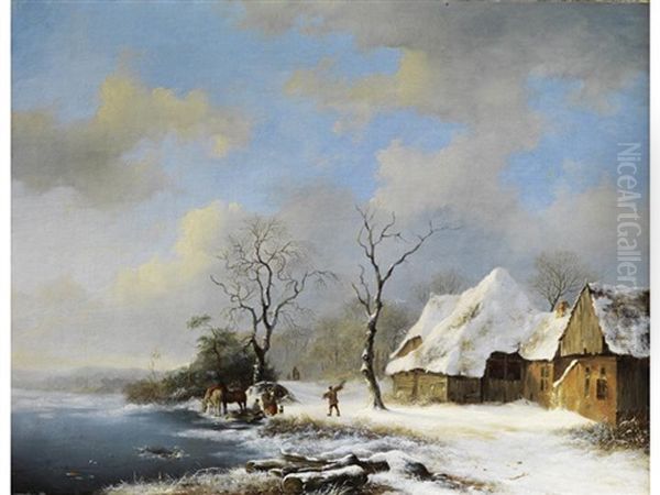 Winterlandschaft Mit Verschneiten Hausern Am Seeufer Mit Figurenstaffage, Pferden Und Einem Reisigsammler - view 1
