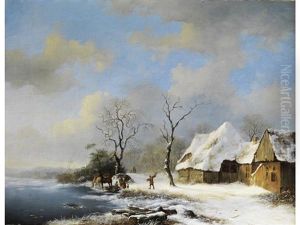 Winterlandschaft Mit Verschneiten Hausern Am Seeufer Mit Figurenstaffage, Pferden Und Einem Reisigsammler