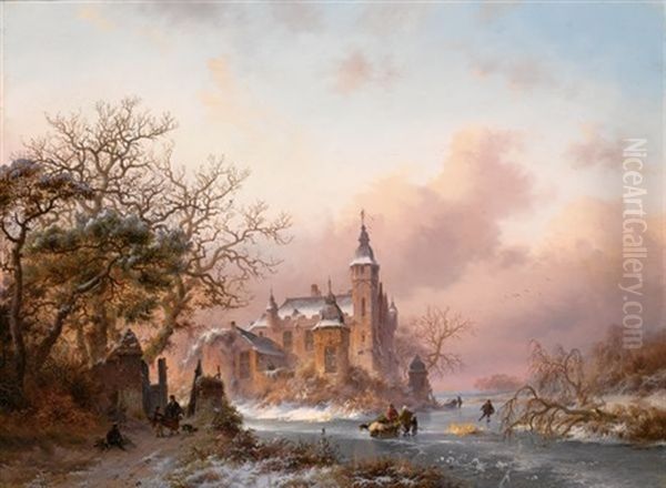 Figures On A Frozen Waterway, A Snow Covered Castle In The Background - view 1