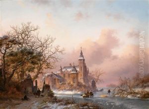 Figures On A Frozen Waterway, A Snow Covered Castle In The Background