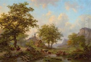 Sommerlandschaft Mit Einer Viehherde Vor Einem Kirchdorf