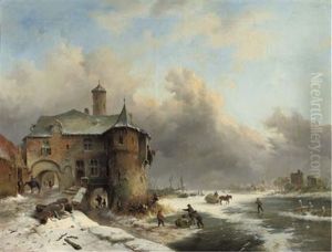Villagers On A Frozen River By A Towngate