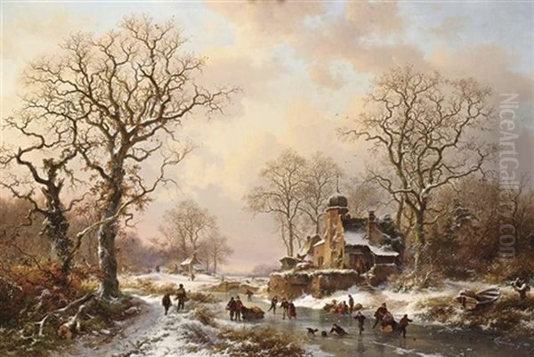 A Winter Landscape With Skating Figures Near A Castle - view 1