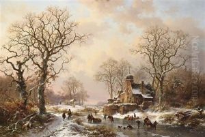 A Winter Landscape With Skating Figures Near A Castle
