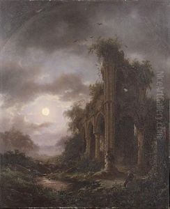 The Ruins Of The Abbey Of Villers-la-ville By Moonlight by Frederik Marinus Kruseman