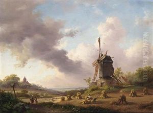 A Summer Landscape With Harvesting Farmers Near The Windmill Of Evere (augustus) by Frederik Marinus Kruseman