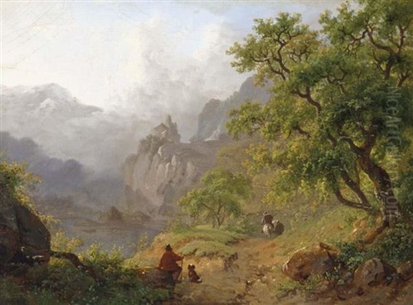 Travellers Resting On A Path In A Mountainous Landscape - view 1