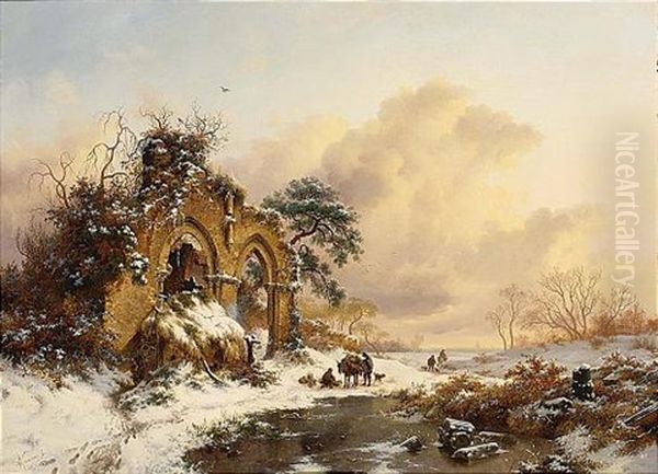 A Snowy Landscape With Figures By A Gothic Ruin - view 1