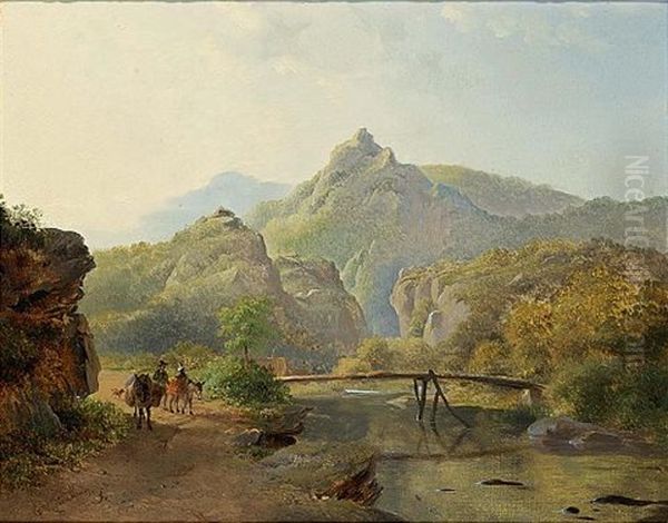 Travellers By A River In A Mountainous Landscape - view 1