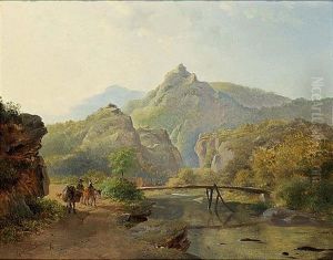 Travellers By A River In A Mountainous Landscape by Frederik Marinus Kruseman
