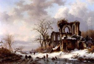 A Winter Landscape With Figures By A Gothic Ruin