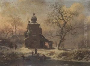 Winter Fun At Sunset By A Mansion