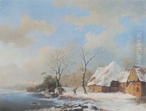 A Winter Landscape With Equestrians Near A Barn