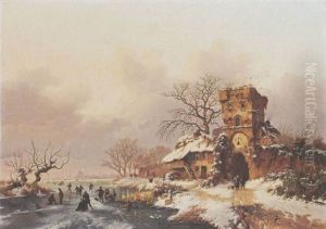 A Winter Landscape With Skaters Near A City Gate