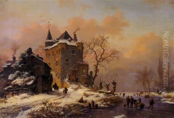 A Winter Landscape With Figures Skating And Others On A Path By A Castle - view 1