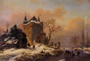 A Winter Landscape With Figures Skating And Others On A Path By A Castle