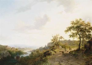 An Extensive Summer Landscape With A Shepherd And His Flock by Frederik Marinus Kruseman