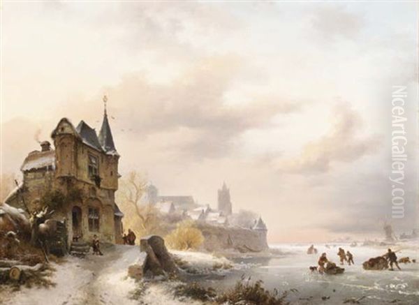 A Winter Landscape With Figures Skating By A Town - view 1