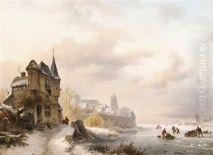 A Winter Landscape With Figures Skating By A Town