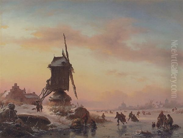 Winter Landscape With Skaters Near A Windmill - view 1