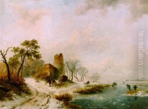 Wood Gatherers And Skaters In A Wintry Landscape by Frederik Marinus Kruseman