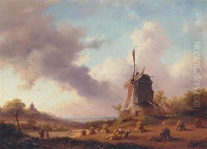 A Summer Landscape With Harvesting Farmers by Frederik Marinus Kruseman