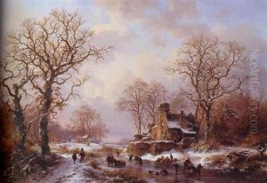 Skaters By A Snowcovered Castle At Dusk