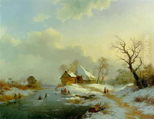 Winter Landsape With Figures On A Frozen Waterway - view 1