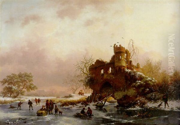 Winter Landscape With Skaters Near A Dilapidated Castle - view 1