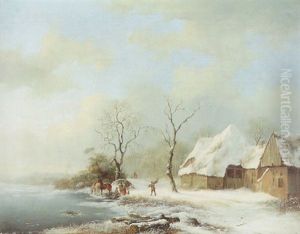 A Winter Landscape With Figures And Horses Near A Barn