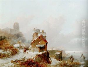A Winterlandscape With A Horserider On A Track Passing A Farmhouse, Skaters On The Ice Beyond