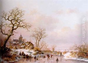 Winter: Townsfolk Skating On A Frozen Waterway Near A Fortified Mansion At Dusk by Frederik Marinus Kruseman