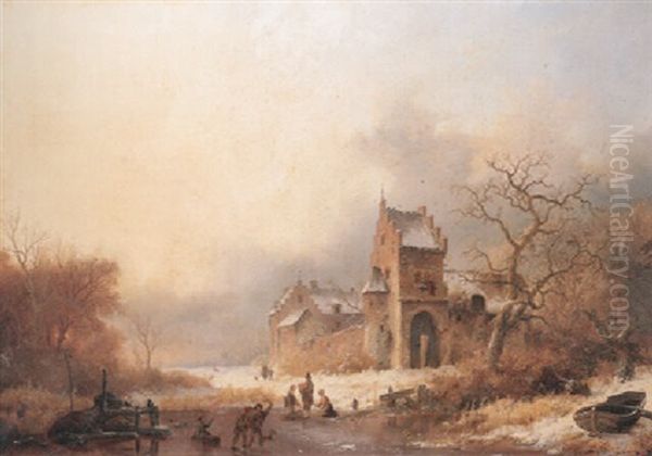 Figures On A Frozen River In A Winter Landscape - view 1