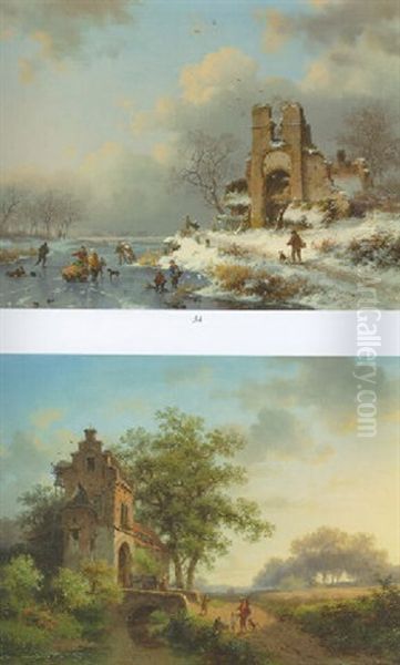 A Frozen Winter River Landscape With Figures Skating On The Ice - view 1