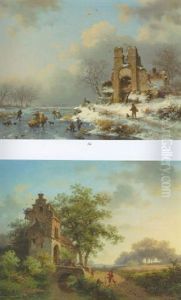 A Frozen Winter River Landscape With Figures Skating On The Ice
