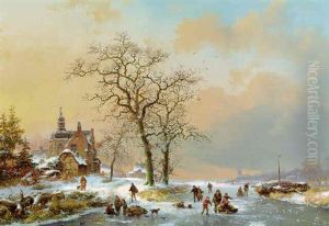 A Winter Landscape With Figures On A Frozen River by Frederik Marinus Kruseman
