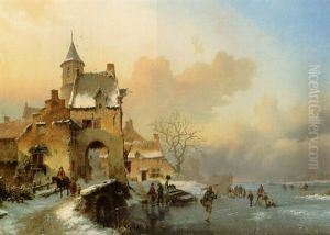 Figures Crossing A Bridge In A Frozen Landscape
