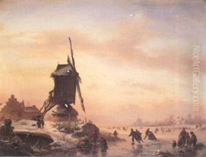 Skaters By A Windmill In A Frozen Winter Landscape by Frederik Marinus Kruseman