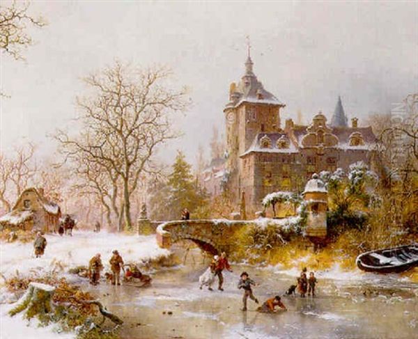 A Frozen Winter Landscape With Skaters On A Pond - view 1