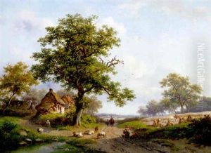 Figures And Sheep On A Path Near Cottages And A Harvester In A Field by Frederik Marinus Kruseman