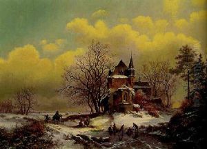 A Frozen Winter Landscape With Skaters On A River by Frederik Marinus Kruseman