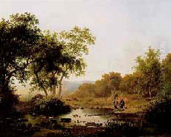 Figures By A Pool In A Wooded Landscape - view 1