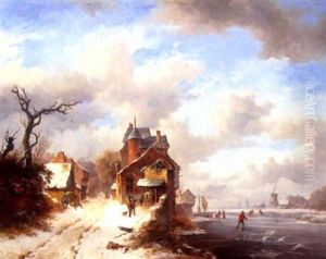 A Winter Landscape With Skaters On A Frozen River